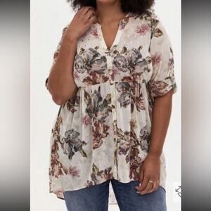 Torrid Floral Hi-Low Tunic Top Ivory Button Down Metallic 5X